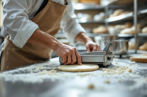Boulanger ajustant une diviseuse à pâtons dans une boulangerie professionnelle, lumière naturelle volumétrique du matin, plans de travail en inox, ambiance lumineuse et concentrée, geste de réglage précis.