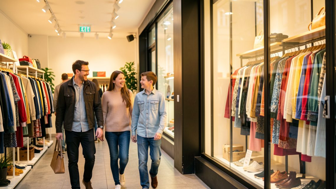 Famille souriante dans une boutique urbaine moderne et lumineuse, devant une vitrine attractive, ambiance chaleureuse.