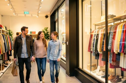 Famille souriante dans une boutique urbaine moderne et lumineuse, devant une vitrine attractive, ambiance chaleureuse.