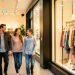 Famille souriante dans une boutique urbaine moderne et lumineuse, devant une vitrine attractive, ambiance chaleureuse.