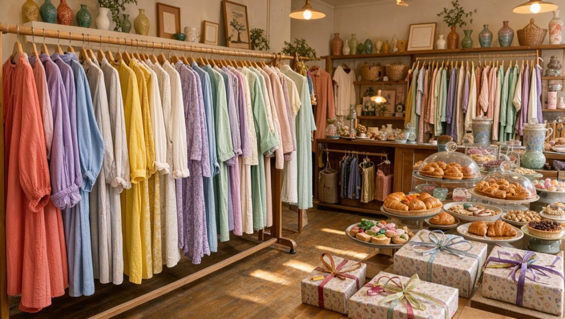 Intérieur lumineux et chaleureux d’une boutique française éclectique présentant des vêtements, des objets de décoration, des cadeaux emballés et un présentoir de gourmandises.