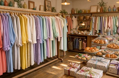 Intérieur lumineux et chaleureux d’une boutique française éclectique présentant des vêtements, des objets de décoration, des cadeaux emballés et un présentoir de gourmandises.