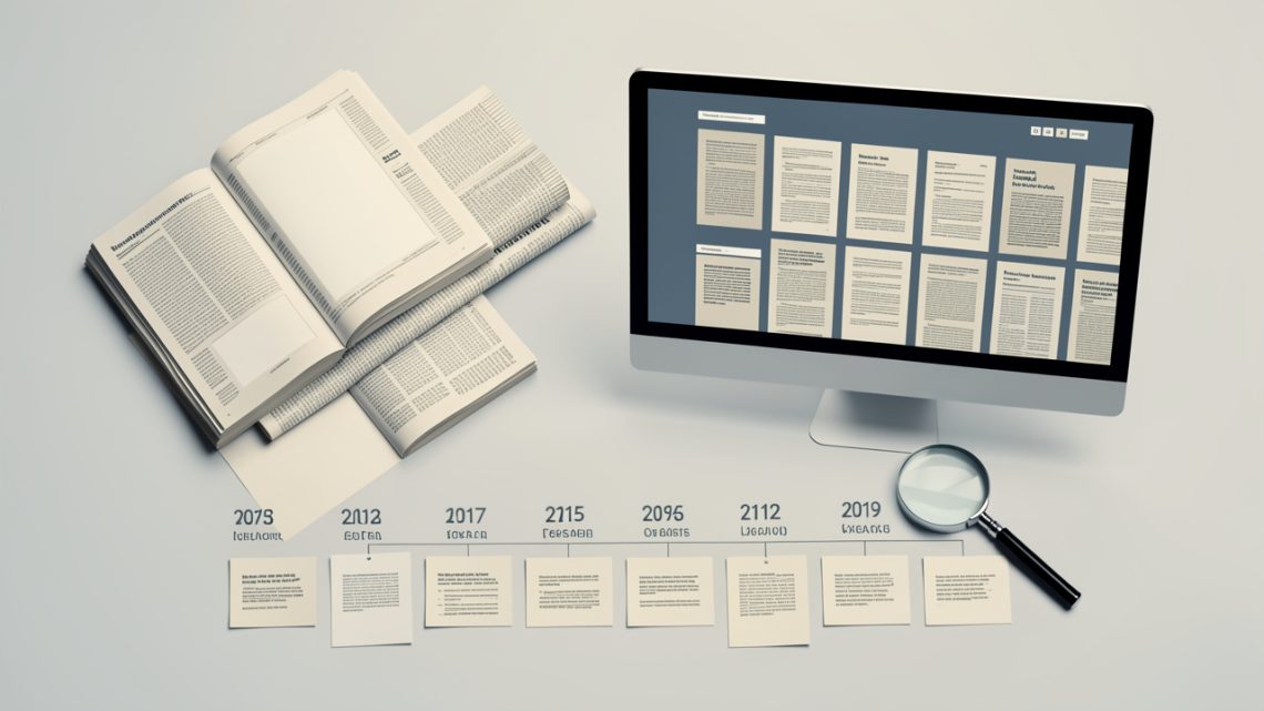 Illustration éditoriale sobre montrant des journaux aux pages vierges, un ordinateur présentant des archives de presse abstraites et une loupe posée sur une chronologie judiciaire visuelle, sans visage reconnaissable.