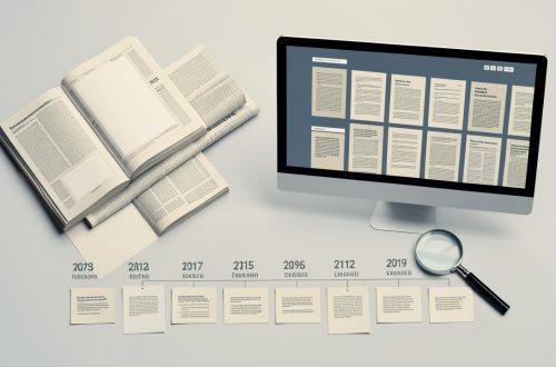 Illustration éditoriale sobre montrant des journaux aux pages vierges, un ordinateur présentant des archives de presse abstraites et une loupe posée sur une chronologie judiciaire visuelle, sans visage reconnaissable.
