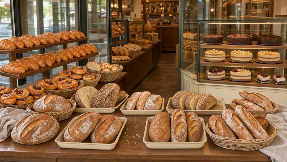 Vitrine de boulangerie élégante présentant des pains artisanaux, des croissants et des pâtisseries dans un agencement chaleureux et soigné.