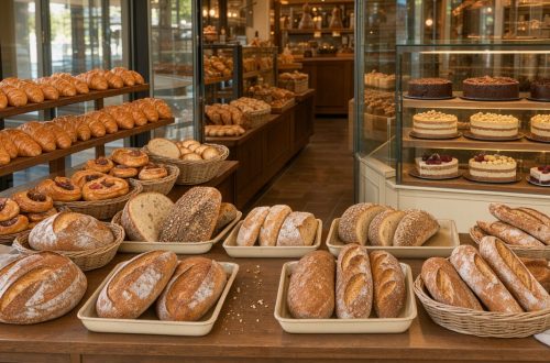Vitrine de boulangerie élégante présentant des pains artisanaux, des croissants et des pâtisseries dans un agencement chaleureux et soigné.